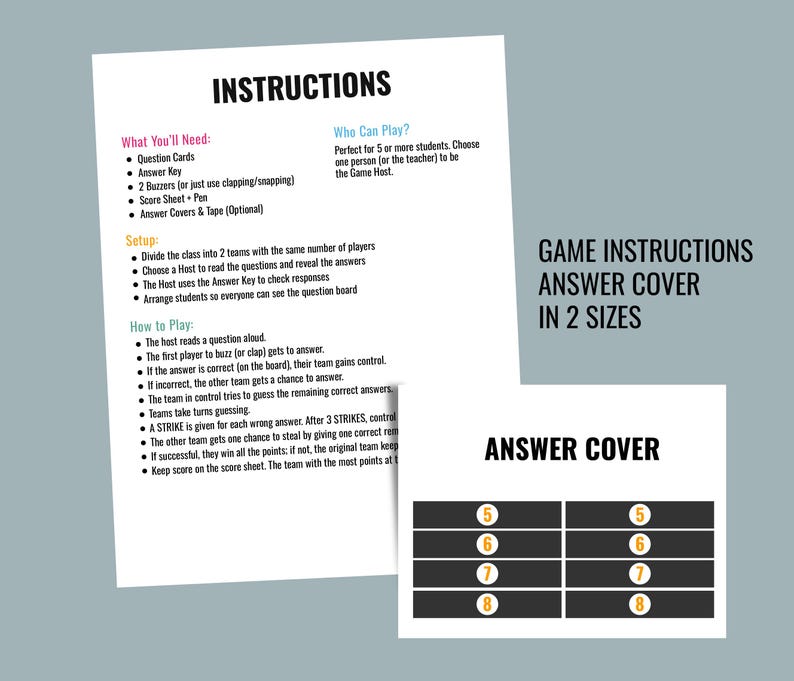 May include: Game instructions and answer cover in two sizes. The instructions list what you'll need, who can play, setup, and how to play. The answer cover has a grid with numbers 5, 6, 7, and 8.