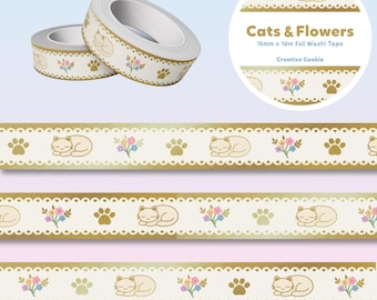Cats and Flowers Gold Foil Washi Tape | Junk Journal Deco Bujo Planner | Creative Cookie
