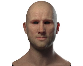 May include: A realistic bald head mask with a neutral skin tone. The mask features a detailed face with closed black eye sockets and a defined jawline. The neck area is attached to a black fabric.