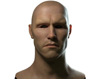 May include: A bald man with a serious expression, wearing a black shirt, is shown from the chest up.