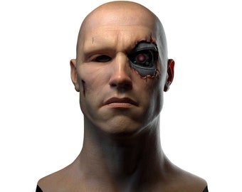 May include: A bald man with a robotic eye and a torn face. The eye is a circular, metallic, red-lensed camera. The man's face is partially covered in a metallic, robotic patch.