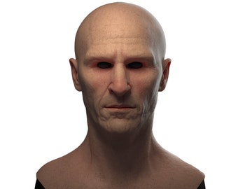 May include: A close-up of a bald man's head and neck. The man has a serious expression and his eyes are closed. The skin on his face and neck is wrinkled and shows signs of aging.