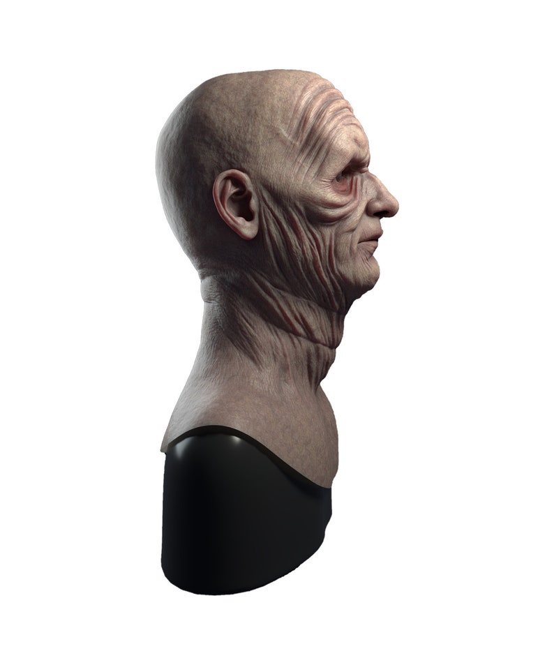 May include: A detailed bust sculpture of a person's head and neck, with a wrinkled, aged face and a black base.