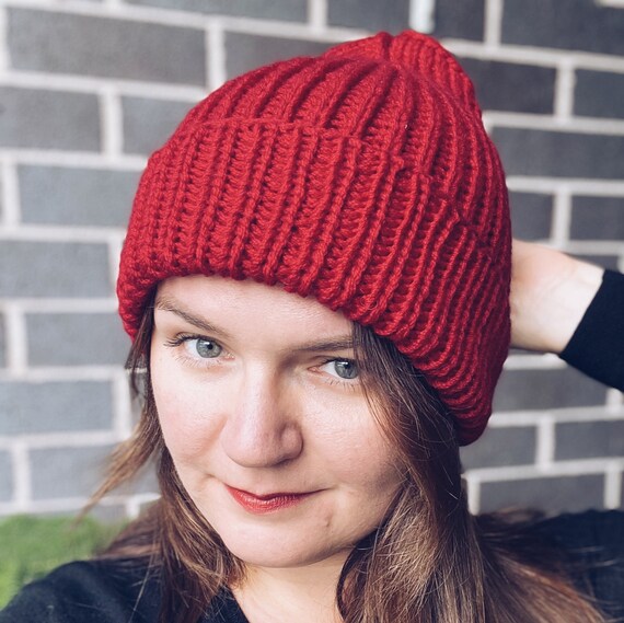 Hand-knitted Wool Beanie. Size L. Wine RED Colour. Female 