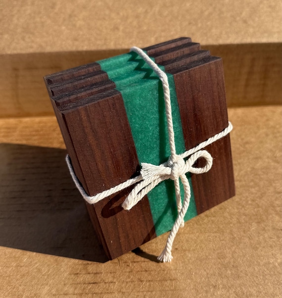 wood and epoxy coasters, set of 4 . Green epoxy river