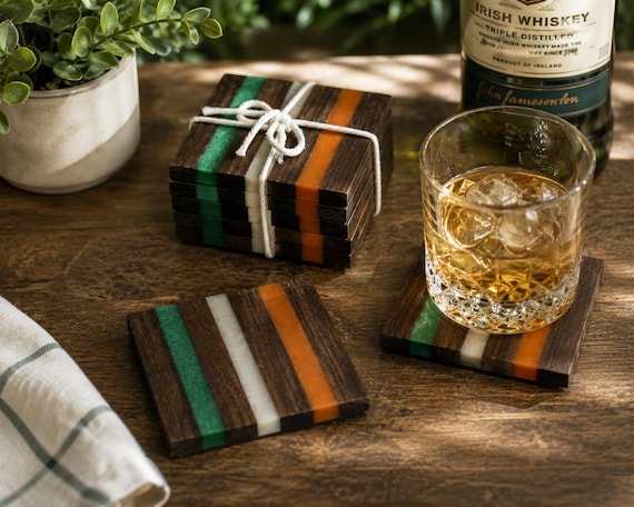 Irish Flag Walnut Coaster Set | Handmade Epoxy Resin Drink Coasters | Irish Home Decor | Celtic Gift | Housewarming Gift | Set of 4