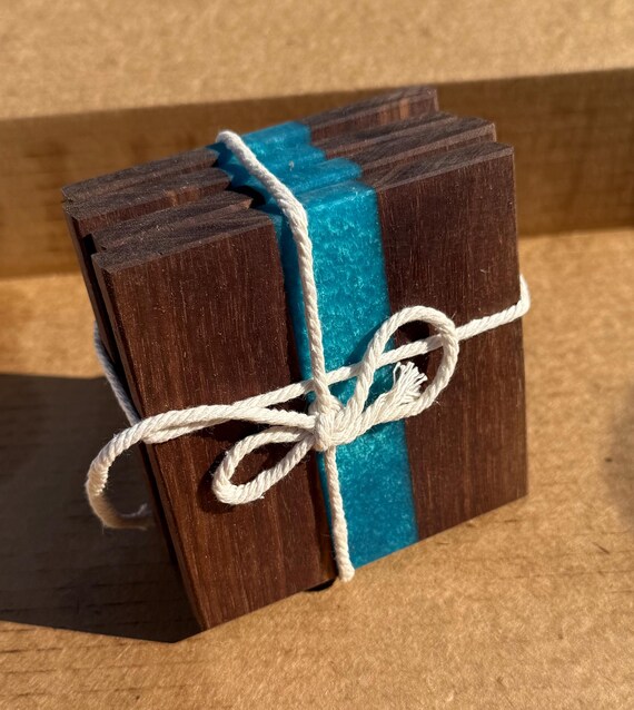 wood and epoxy coasters, set of 4 . Caribbean Blue epoxy river