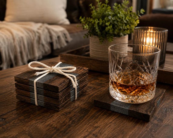 Handmade Walnut & Storm Grey Epoxy Resin Coaster Set | Modern Wood Drink Coasters | Whiskey Lover Gift | Rustic Home Decor | Set of 4
