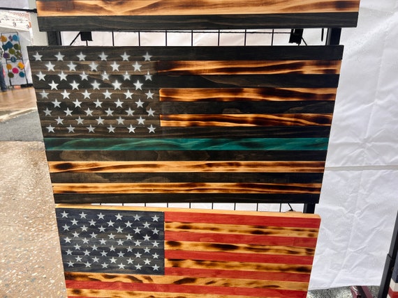 Wooden American Flag / Green Line / Military / Army / Navy / Marines / Air Force / Coast Guard / Space Force