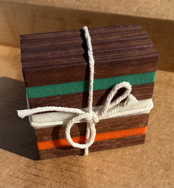 wood and epoxy coasters, set of 4 .Irish Colors Orange White Green epoxy river