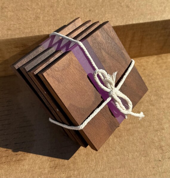 wood and epoxy coasters, set of 4 . Purple glow in the dark epoxy river, blue glow