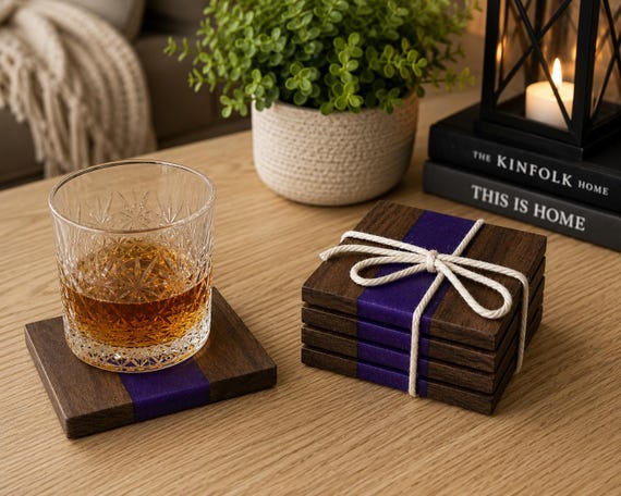 Purple Epoxy & Walnut Coaster Set | Handmade Wood Drink Coasters | Modern Rustic Home Decor | Bar Accessories