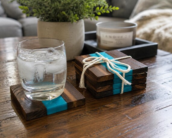 Handmade Walnut & Caribbean Blue Epoxy Resin Coaster Set | Modern Wood Drink Coasters | Housewarming Gift | Wedding Gift | Set of 4
