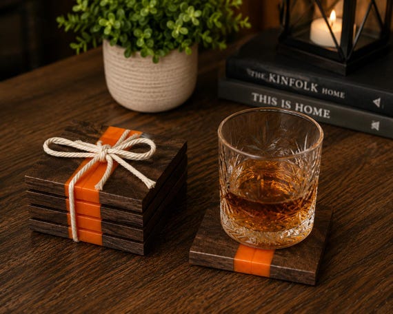 Walnut & Orange Epoxy Coaster Set | Handmade Wooden Drink Coasters | Modern Resin Coasters | Whiskey Bar Decor | Set of 4