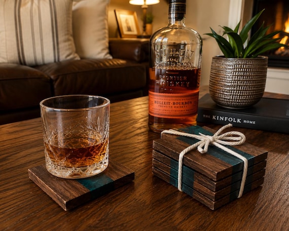Handmade Walnut & Dark Ocean Green Epoxy Coaster Set | Modern Wood Drink Coasters | Rustic Home Decor | Whiskey Lover Gift | Set of 4