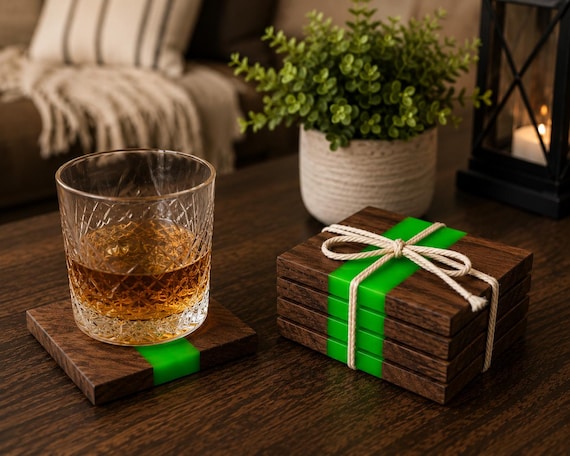 Walnut & Lime Green Epoxy Coaster Set | Handmade Wooden Drink Coasters | Modern Resin Coasters | Whiskey Bar Decor | Set of 4