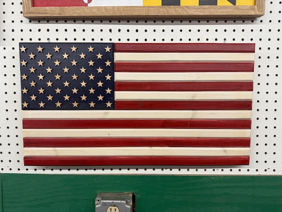 Handmade Wooden American Flag - 3D stars - red line - blue line - 50 star union - 1776
