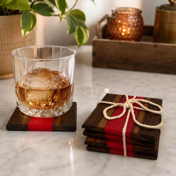 Walnut & Red Epoxy Coaster Set | Handmade Wood Drink Coasters | Modern Resin Coasters | Housewarming Gift | Whiskey Bar Decor | Set of 4