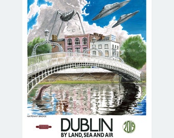 Dublin by Land, Sea and Air - PRINT - Giclée print of my original artwork for Dublin 2019: An Irish Worldcon