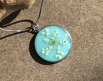 Handmade Flower Pendant Light Blue/ Silver Necklace with Round Pendant/ Dried Flower Necklace/ Nature Inspired Jewelry