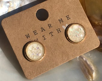 Rose gold stud earrings with glitter / handmade earrings / abstract earrings in golden stainless steel setting / hypoallergenic earrings