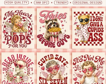 Funny Valentine PNG Bundle, Retro Cupid Raccoon Skeleton Cute Bear Sarcastic Valentines Sublimation Trendy VDay Humor PNG