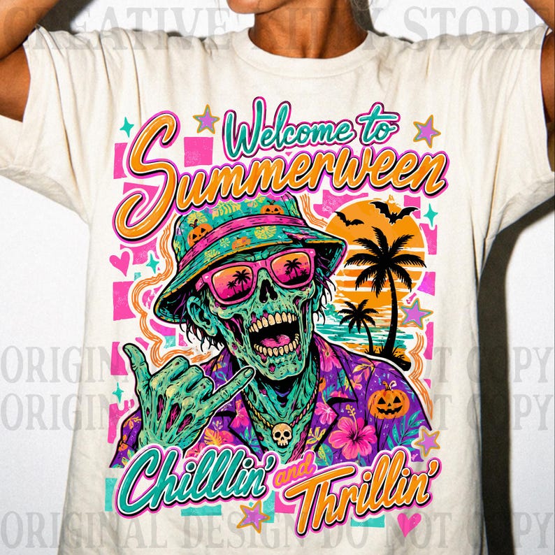 May include: A cream-colored t-shirt featuring a graphic of a green zombie wearing a bucket hat and pink sunglasses, making a shaka hand gesture. The text reads Welcome to Summerween and Chillin' and Thrillin' with palm trees and pumpkins.
