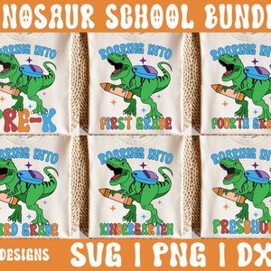 Pacote SVG Roaring Into School, De volta às aulas svg, Dinosaur Preschool svg, Roaring Into Kindergarten svg, Camisa T-rex svg
