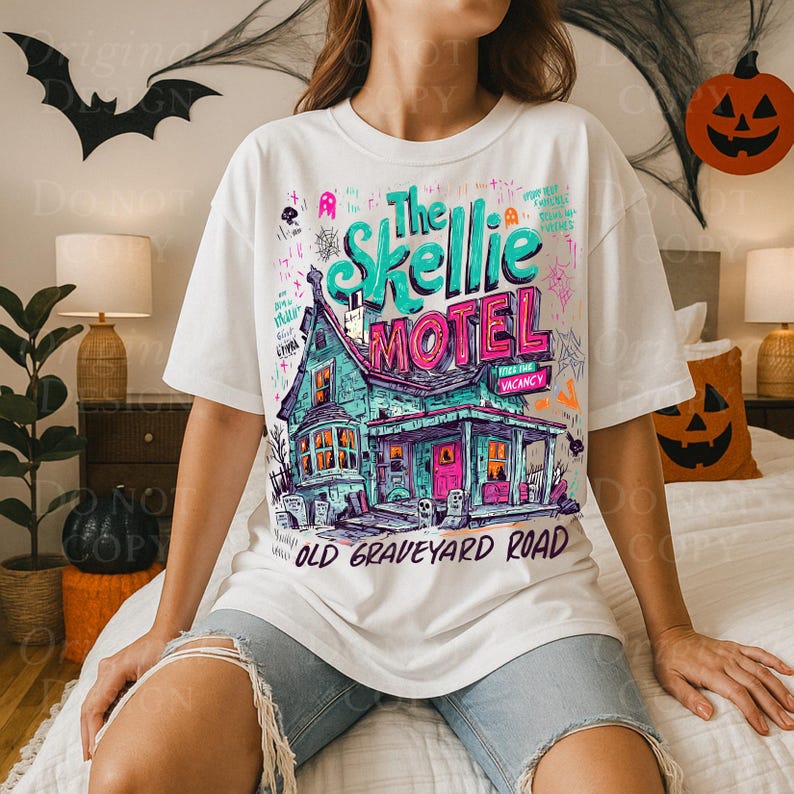 K&ouml;nnte beinhalten: Wei&szlig;es T-Shirt mit einer farbenfrohen Illustration von "The Skellie Motel", einem gruseligen Hausdesign, einer rosa T&uuml;r und den Worten "Old Graveyard Road". Das Design beinhaltet eine Fledermaus und einen K&uuml;rbis.