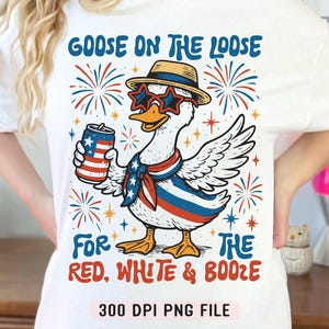 Goose on the Los voor de Red White and Booze png, grappige patriottische gans png, shirt 4 juli Humor Retro USA Drinking Party png