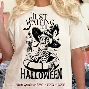 En attendant Halloween svg, svg drôle d'Halloween, svg chemise d'été, svg squelette drôle, effrayant été svg, svg squelette de sorcière