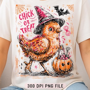Chick or Treat PNG, Cute Halloween Chicken png, Funny Fall Chicken Costume Candy Bucket png, Spooky Season Sublimation Kids Shirt png