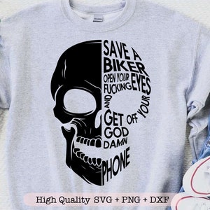Sauvez un motard ouvrez vos putains d'yeux et descendez de votre putain de téléphone svg, svg de crâne de motard, svg squelette, svg de chemise de motard drôle