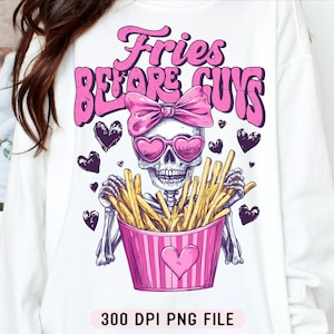 Papas fritas antes de chicos PNG, esqueleto divertido de San Valentín PNG, esqueleto del día del amor atrevido PNG, camiseta sarcástica de San Valentín PNG, Vday retro PNG