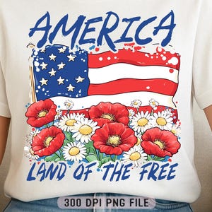 America Land of the Free png, bloemen VS vlag png, rood wit blauwe bloemen png, patriottisch 4 juli retro esthetische vrijheid zomershirt