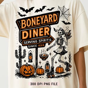 Boneyard Diner PNG, Straszny Halloween Szkielet Retro Diner Znak png, Zabawny Duch Jedzenie Dynia Nietoperz Sublimacja, Modna Vintage Koszula png