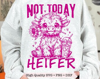 Not Today Heifer PNG, Funny Highland Cow png, Sassy Farm Sublimation Cute Cow Trendy png, Iced Coffee Sunflower Heifer Retro Western png