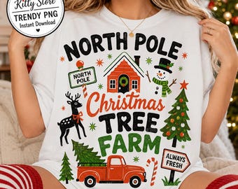 North Pole Christmas Tree Farm PNG, Retro Holiday Truck Reindeer PNG