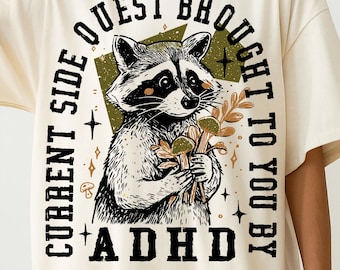 Current Side Quest Brought To You By ADHD PNG, Funny Raccoon Holding Mushrooms png, Retro Humor Sublimation, Animal Shirt Mental Health png