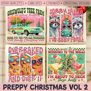 Trendy Preppy Christmas PNG Bundle, Funny Retro Xmas Humor png, Coquette Holiday Aesthetic Raccoon Sublimation, Bright Pink Festive png