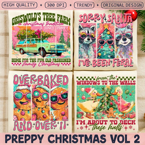 Trendy Preppy Christmas PNG Bundle, Funny Retro Xmas Humor png, Coquette Holiday Aesthetic Raccoon Sublimation, Bright Pink Festive png