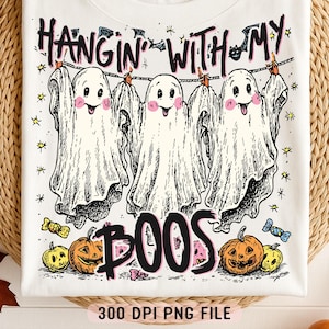 PNG "In giro con i miei Boos", PNG "Carino fantasma di Halloween", PNG "Divertenti zucche di caramelle spettrali", PNG "Maglietta autunnale con stampa a sublimazione con vibrazioni spettrali retrò alla moda"
