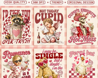 Sassy Valentine PNG Bundle, Funny Retro Valentine's Day Sublimation Sarcastic Cupid Raccoon Skeleton PNG