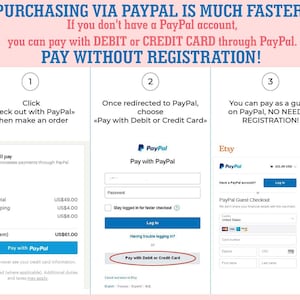 May include: A screenshot of a website showing how to pay with PayPal. The website shows three steps: 1. Click "Check out with PayPal" when making an order. 2. Once redirected to PayPal, choose "Pay with Debit or Credit Card". 3. You can pay as a guest on PayPal, no need in registration. The website also shows a breakdown of the total cost of the order.