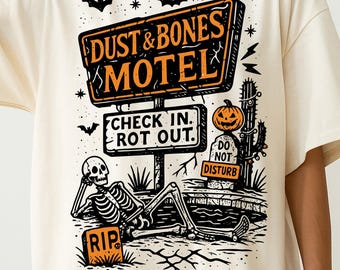 Dust & Bones Motel PNG, Trendy Skeleton Halloween Sign png, Retro Haunted Motel Spooky Road Trip png, Cactus Pumpkin Sublimation Fall Shirt