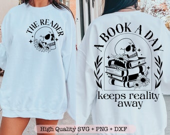 Een boek per dag houdt de realiteit weg SVG, Trendy boek shirt SVG, grappig boek SVG, Floral Skull SVG, boek minnaar SVG