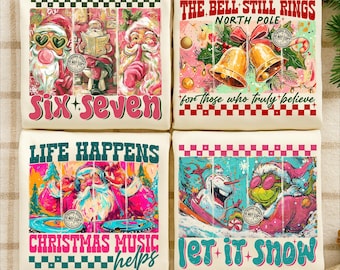Preppy Christmas Vibes PNG Bundle, Retro Santa Six Seven Bells Believe Christmas Music Let It Snow Holiday Cute Trendy Xmas PNG Sublimation