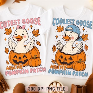 May include: Two white t-shirts with goose designs in jack-o'-lanterns. One shirt says "Cutest Goose" with a goose wearing a bow. The other says "Coolest Goose" with a goose in a cap. Both say "At the Pumpkin Patch".