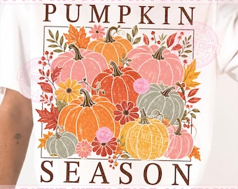 PNG de temporada de calabazas, PNG de calabaza rosa floral de otoño, PNG de cosecha vintage acogedora de otoño