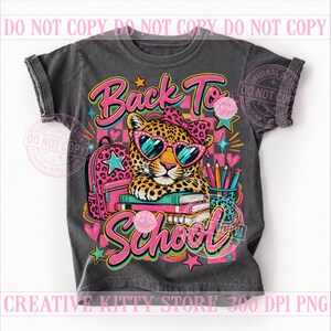 Tillbaka till skolan Leopardflicka PNG, Coquette School Leopard, Söt rosa ryggsäck, Preppy första dagen bild 3